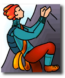 Woman ascending a mountain top