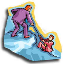 Two businessmen climbing a mountain with a rope