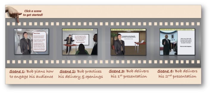 An example of interactive scenario design: Scenes from "Bob's Excellent Presentation Adventures" by Adele Sommers, Ph.D.