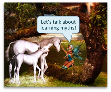 Fairy saying to two unicorns: "Let's talk about learning myths!"
