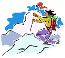 Woman planting a flag on mountain top