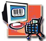 A shopping cart facing a computer terminal