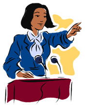 Woman speaking persuasively at a podium