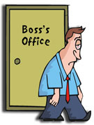 Sad employee leaving bad boss's office