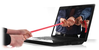 Person having a tug-of-war with people inside a computer
