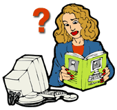 Confused woman with computer manual