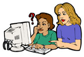 Two women employees puzzling over a computer screen