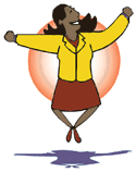 Woman presenter jumping for joy