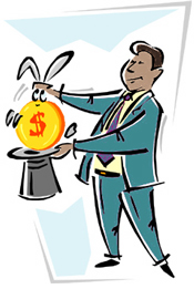Man pulling a "money rabbit" out of a hat
