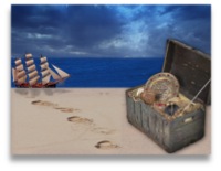 Ship arriving at a treasure chest on the beach