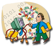 Man dancing with computer as funding rains down